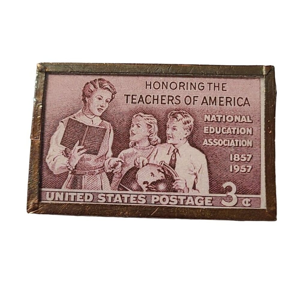 1957 3 Cent Postage Stamp Framed Lapel Pin Honoring Teachers of America - Picture 1 of 5